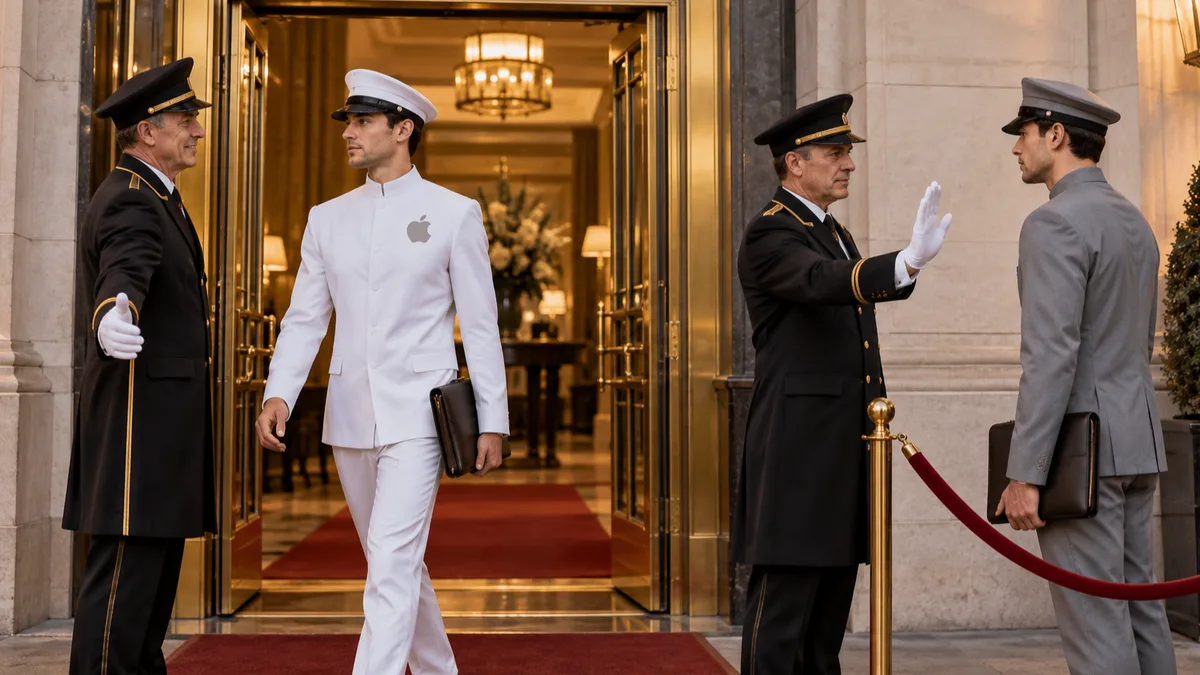 A doorman waves in a figure in a white suit marked with an Apple logo while a second doorman holds up a hand to stop an identical figure in grey behind the rope.