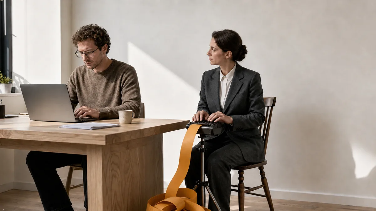 A man works on a laptop at a shared table while a woman in a suit operates a stenography machine beside him, an orange ribbon of transcribed paper flowing from it.