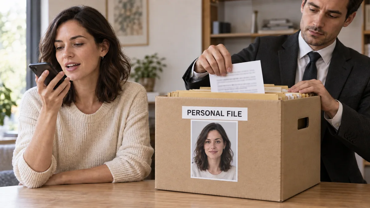 A woman talks into her phone while a man in a suit files a printed page into a cardboard box labelled PERSONAL FILE that carries her photograph.