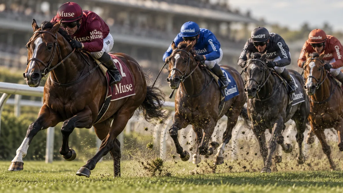 Four racehorses at full gallop on turf. The jockey in front wears Muse colours and leads clear of riders in Gemini, ChatGPT and Claude silks.