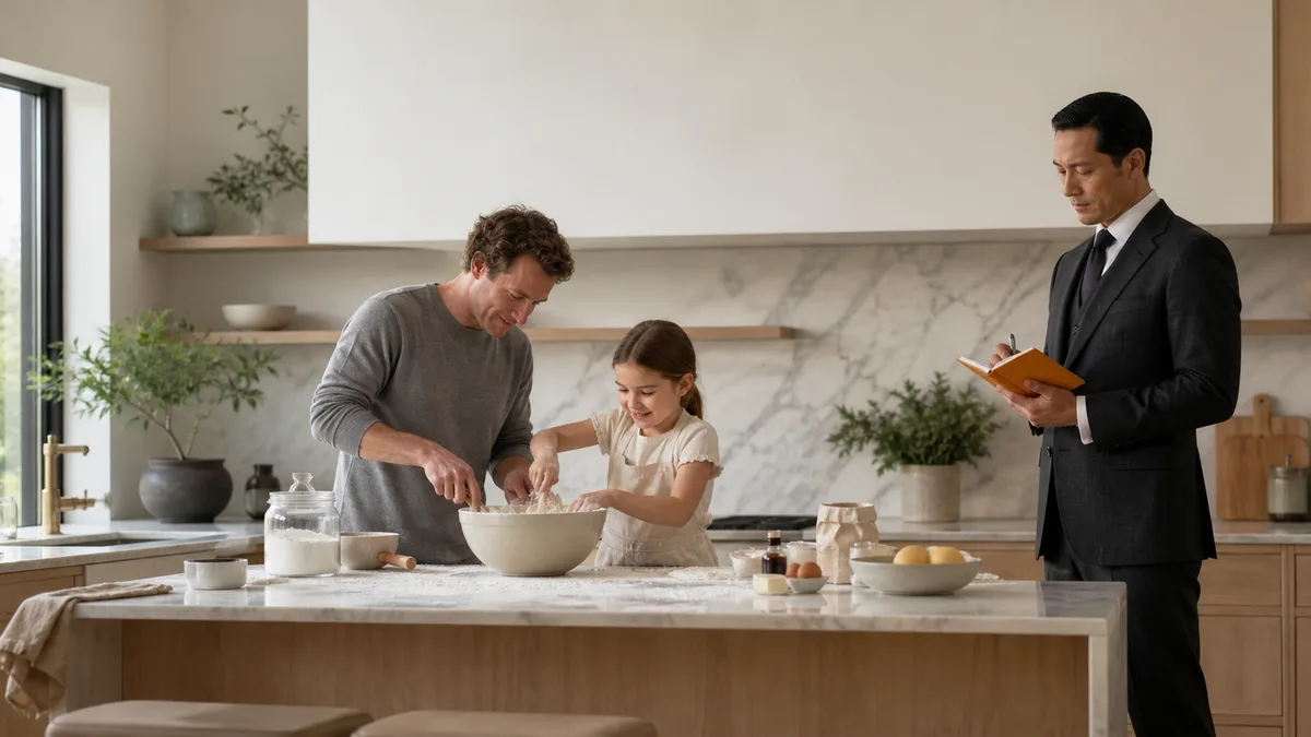 A father and daughter baking together while a suited figure stands beside them taking notes