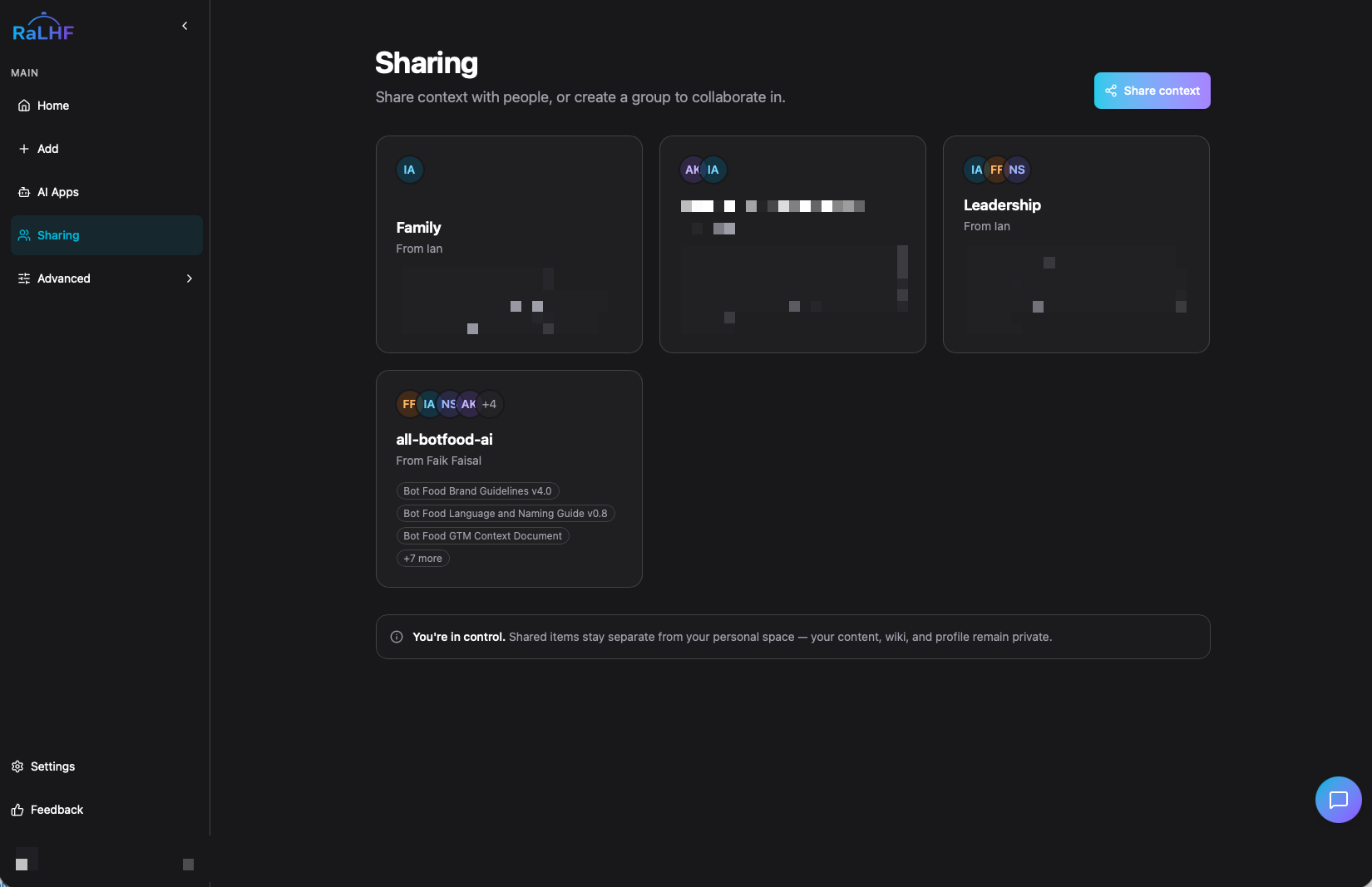 Shared context libraries in the Bot Food app
