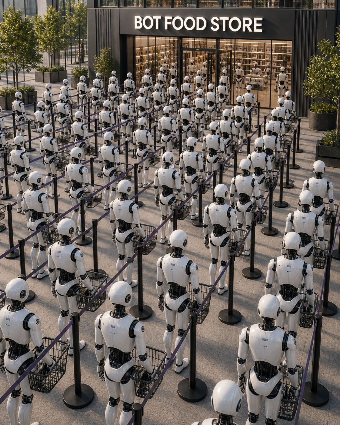 AIs lined up outside the Bot Food Store